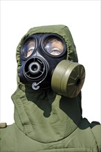 Soldier equipped with gas mask