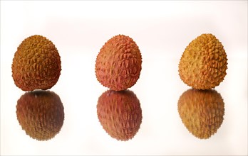 Close-up of three fresh lychees reflected in a mirror on a white background