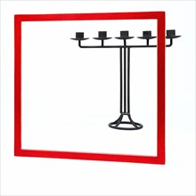 Square red frame set against a white background. A candlestick stands partly in the frame