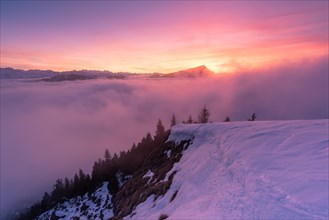 Winter landscape on the Gnipen and above the sea of fog with view towards Rigi with sunset behind
