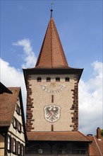Upper gate of the Haigerach Gate from the 17th century with the town coat of arms and sundial