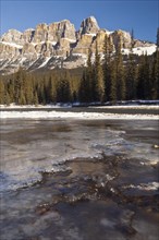 Castle Mountain and Bow River in winter