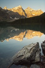 Valley of the Ten Peaks reflected in Moraine Lake at sunrise