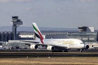 Fraport Airport with Airbus A380 aircraft of the airline Emirates