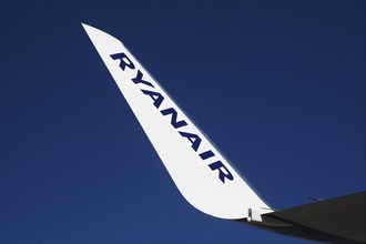 Detail of the wing of a Ryanair aircraft at Eindhoven Airport in Nederland