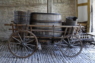 Old ladder wagon with wooden vessels for the grape grape harvest in the passage from the Schultheissenhof