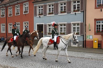Napoleonic horsemen around 1808 patrolling the streets of Gengenbach at a festival