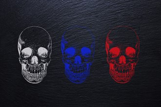 Three graphic skulls in the Russian national colours