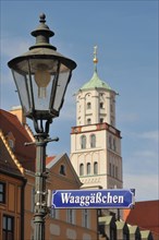 Street lamp and street sign Waaggaessschen in the old town of Augsburg