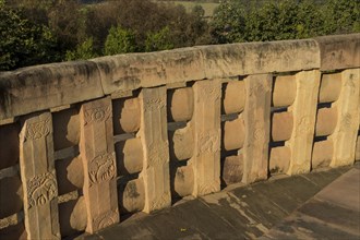 Balustrade of Stupa 2 with decorative carvings. Buddhist Monuments at Sanchi. UNESCO World Heritage Site. Sanchi