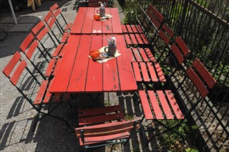 Red beer garden tables