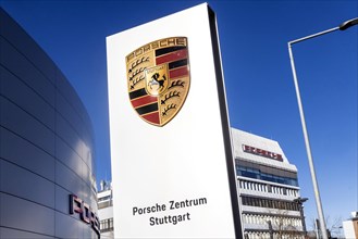 Porscheplatz Zuffenhausen with Porsche logo and headquarters