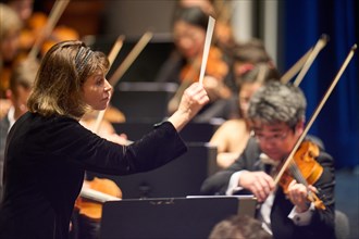 American conductor JoAnn Falletta performs with the State Orchestra Rheinische Philharmonie in Koblenzs Rhein-Moselle-Halle. Koblenz