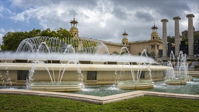 Fountain with water fountains in front of the National Museum of Catalonia in Montjuic