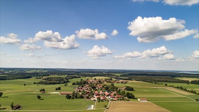 Aerial view of the Upper Bavarian countryside between Lech and Lake Ammer