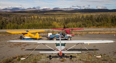 Small aircraft at the small airfield of Chitina in the Wrangell Mountains of Alaska
