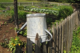 Watering can on a wooden fence near the farm garden