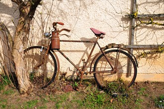 Old bicycle with milk can leaning against a house wall