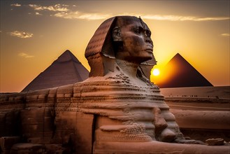 Sunset at the pyramids of Giza in Egypt with the Sphinx. Ai generated art