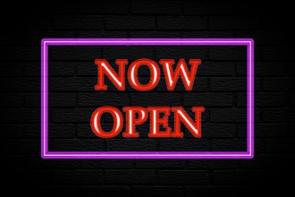 Now open. 3d lettering. Neon lights on black brick background