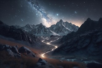 Photography of realistic mountains at night with an arc of the milky way. Ai generated art