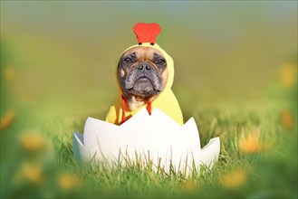 Easter chicken dog. Funny French Bulldog sitting in large Easter egg wearing a costume