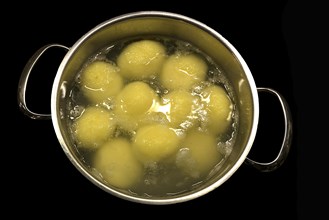 Potato dumplings in a pot of boiling water
