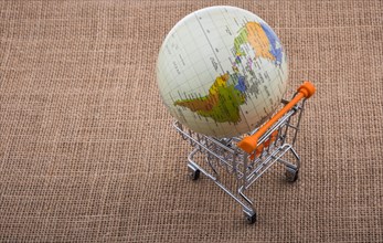 Globe in a shopping trolley on canvas