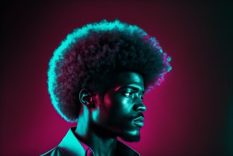 Black man with afro hair looking sideways at camera and backlit with turquoise and pink neon and laser light rays on dark background. Ai generated