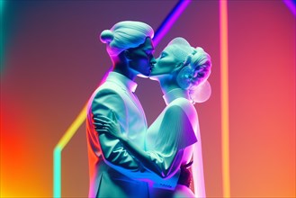 Glamorous futuristic couple kissing on colorful futuristic. Ai generated