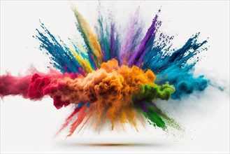 Colorful rainbow holi paint color powder explosion isolated white wide panorama background. Ai generated art