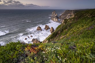 Sunset on the cliff with rocks in the sea