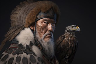 Kazakh Golden Eagle Hunter Tribe Portrait. Ai generated art