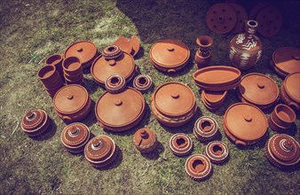 Traditional clay pottery for sale at the market