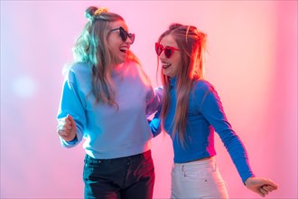 Two young blonde caucasian women dancing in nightclub