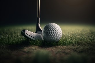 Photography of a golf club and a golf ball on the freshly cut grass of a golf course. Ai generated art