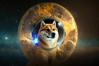 Dogecoin digital currency in space. Ai generated art