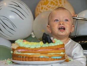 One-year-old boy sits in front of his birthday cake on his first birthday and tries to see if it tastes good