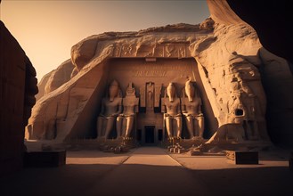Sunset at the temples of Abu Simbel in Egypt. Ai generated art