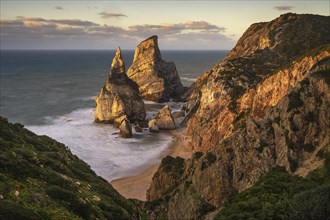 Sunset on sandy beach and cliff with rocks