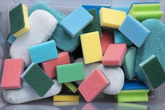 Plastic box with many cleaning sponges