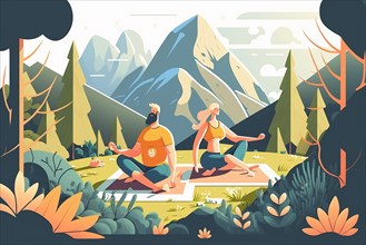 Outdoor yoga class in nature mountain landscape. Yoga exercise concept vector illustration. Man and woman training together