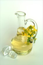 Rapeseed oil in a carafe with rapeseed flower