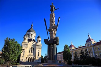 Avram Iancu Statue and Orthodox Cathedral at the Piata Avram Iancu in Cluj