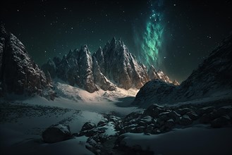 Photography of realistic snowy mountains at night with northern lights. Ai generated art
