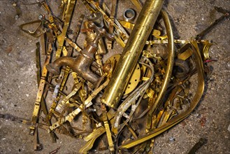 Old brass elements plumbing in recycling. Recycling of non-ferrous scrap