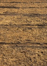 Plowed field with traces in view in spring