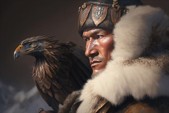 Kazakh golden eagle Hunter tribe on snowy mountain. Ai generated art
