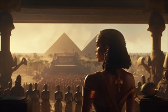 Cleopatras speech to the crowd at sunset with the pyramids of Giza in the background in Egypt. Ai generated