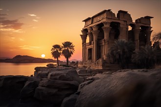 Sunset at the temples of Aswan in Egypt. Ai generated art